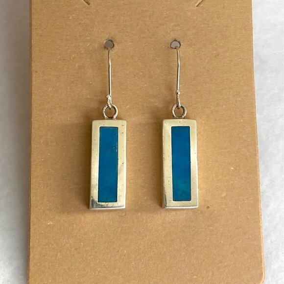 Sterling Silver 925 1.64" Rectangular Simulated Turquoise Dangle Earrings - Picture 11 of 16